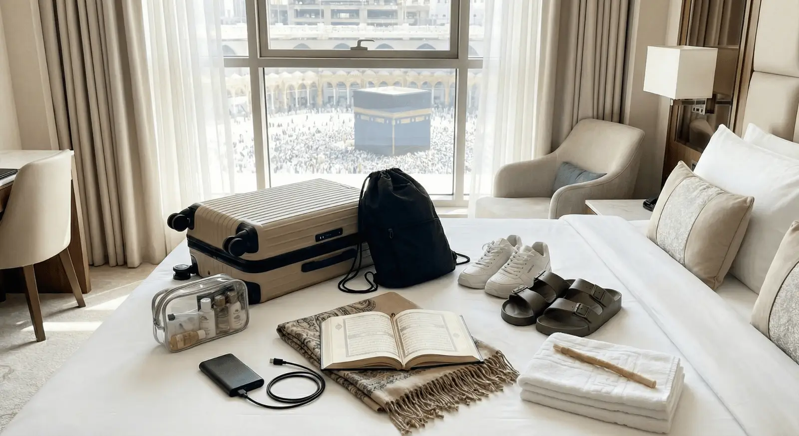 Umrah benodigdheden uitgestald op hotelbed: koffer, Koran en Ihram