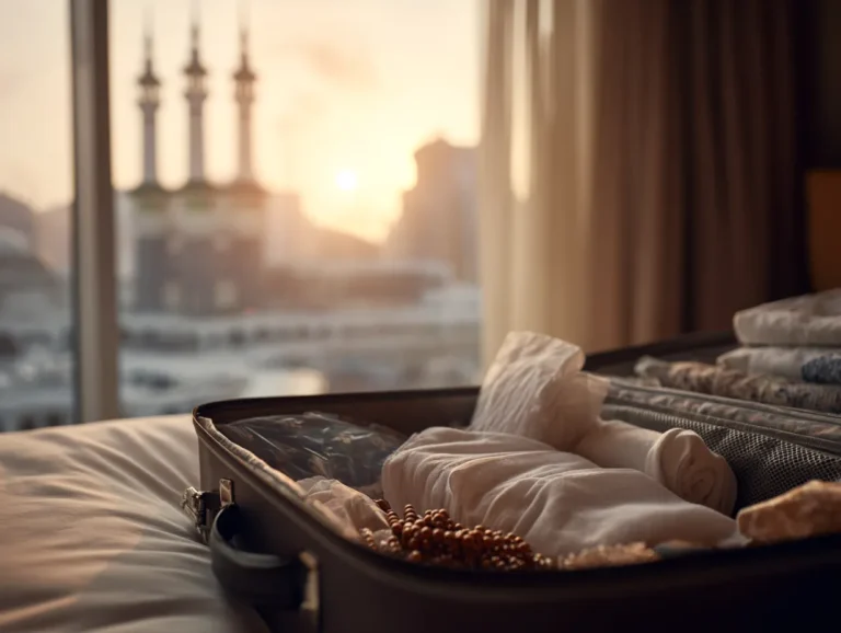 Open koffer met Ihram kleding in hotelkamer met uitzicht op de Ka'bah