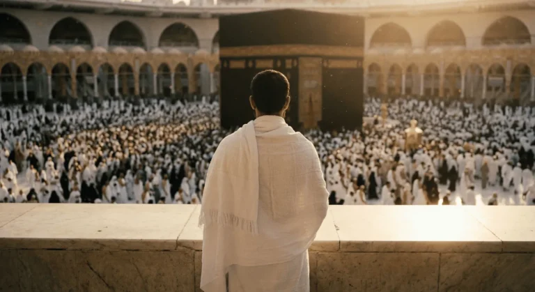 Umrah Stappenplan: Man in Ihram kijkt uit over de drukke menigte rondom de Ka'bah